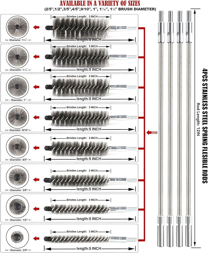 50 in Pipe Cleaning Brush Set with Stainless Steel Bristles, Wire Brush with 4pcs Stainless Steel Spring Flexible Rods, Stainless Steel Pipe Brush 8pcs for Auto Parts, Bottles, Tubes.