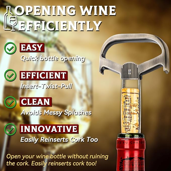 Ah So Wine Opener for Vintage Bottles, Old Wine Corkscrew with Portable Leather Case, Two Prong Cork Puller, for Wine Connoisseurs & Collectors to Uncork, Ideal Gifts for Wine Lovers (Classic Bronze)