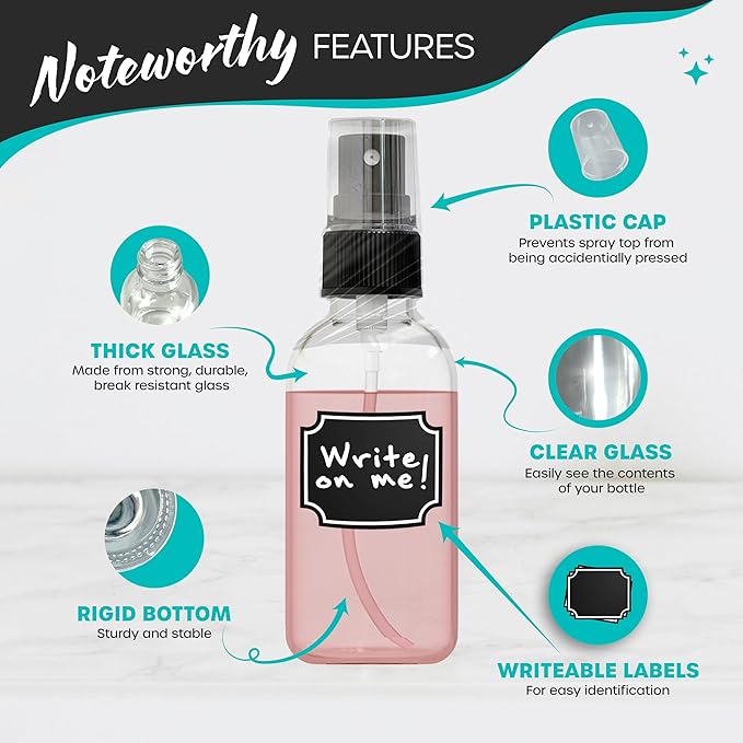 Nevlers Clear Glass Small Spray Bottle 2 Oz 48 Pack | Mini Travel Spray Bottle Set with Funnel, Brush, Marker & Labels | Face, Hair & Body Spritzer Bottles | Small Atomizer Mist Bottles for Perfume