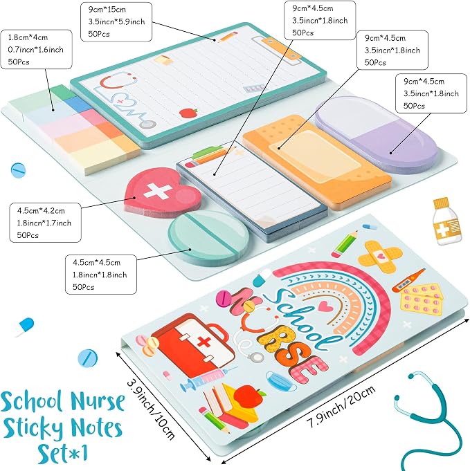 Xqumoi School Nurse Sticky Notes Set - Cute Cartoon Medical Self-Stick Note Pads Writing Memo Pad Page Marker Bookmarker for Nursing Student Essentials Hospital Gift Back to School Office Supplies