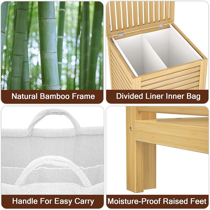 Bamboo Laundry Hamper with Lid, 120L Large Clothes Laundry Sorter with Removable 2-Section Liner Bag, Raised Laundry Basket Organizer for Clothing, Bathroom, Bedroom, Laundry Room, Natural