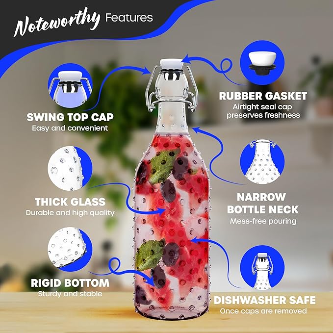 Nevlers 17 Oz Dotted Swing Top Glass Bottles with Airtight Lid | 12 Pack Flip Top Glass Bottle with Lids, Shrink Wrap, Funnel, Brush, Tags & Marker | Fermentation or Kombucha Bottles with Stoppers