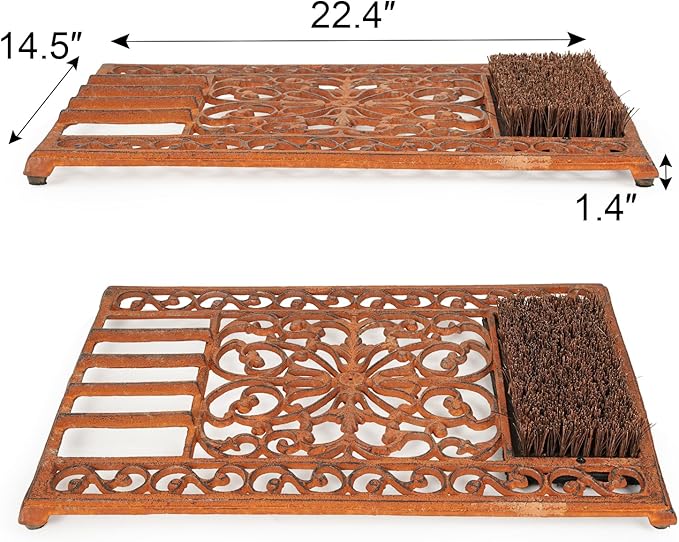 Sungmor Outdoor Cast Iron Doormat, Vintage Boot Scraper with Brushes, Rust Rectangle Shoe Scraper Mat, 22.8" Heavy Duty Decorative Shoe Cleaning Mat for Front Door, Entrance, Garden