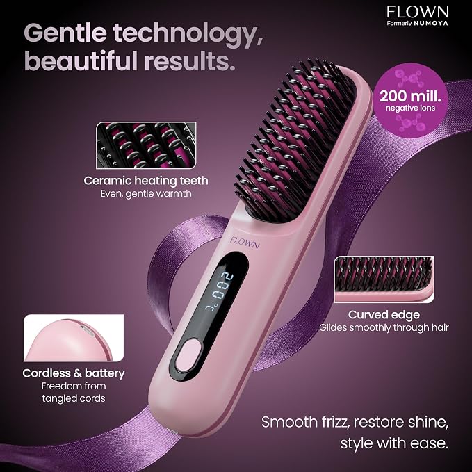 FLOWN® Original Go Brush PRO [Five Minutes Hair Styling Routine] - No Damage Heat Brush with USB-C Charger - Electric Travel Pocket Brush for All Hair Types - Pink (Formerly Numoya)
