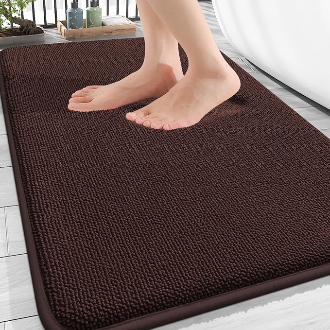 OLANLY Thick Memory Foam Bathroom Rugs 30x20, Absorbent Bath Mat, Brown | Soft Quick Dry Bath Rugs Mats, Non-Slip, Machine Washable Carpet for Bathroom Floor, Tub and Shower, Home Decor Accessories