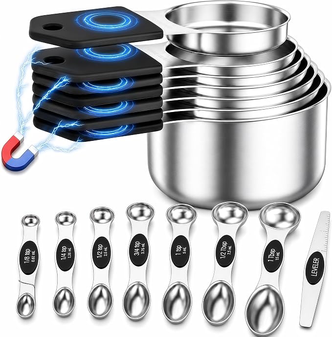 Magnetic Measuring Cups and Spoons Set, Strong N52 Magnets, Heavy Duty 304 Stainless Steel Fits in Spice Jars for Baking & Cooking, BPA Free, Round Set of 15 with Leveler Black