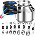 Magnetic Measuring Cups and Spoons Set, Strong N52 Magnets, Heavy Duty 304 Stainless Steel Fits in Spice Jars for Baking & Cooking, BPA Free, Round Set of 15 with Leveler Black