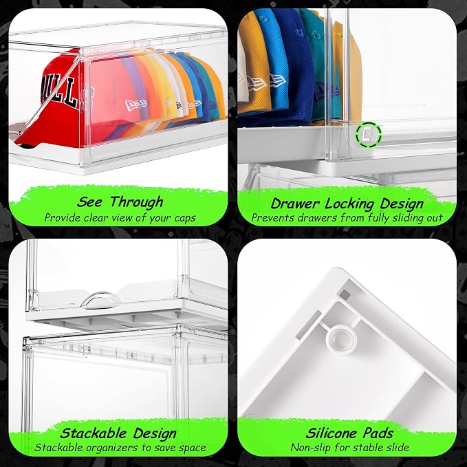 Vtopmart 2 Pack Clear Hat Organizer Drawer for Baseball Caps, Stackable Display Case with Magnetic Door, Each Holds 12 Hats
