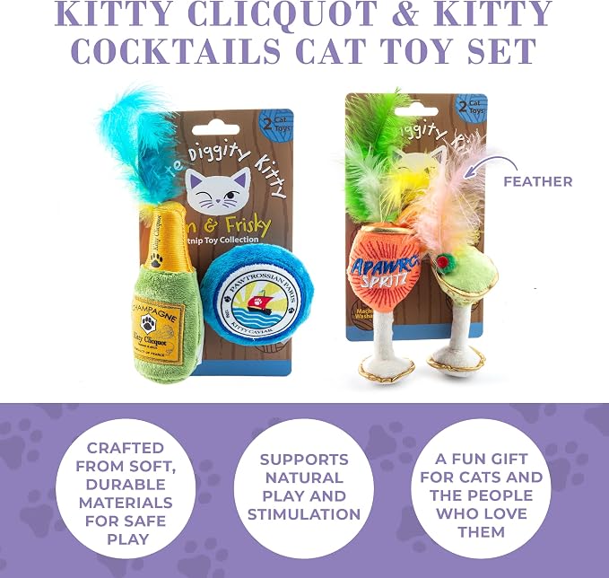 Haute Diggity Kitty Clicquot Champagne & Caviar + Kitty Cocktails Apawrol Spritz & Cattini Set, Plush Cat Toys Catnip Filled with Interactive Crackle Sound, Safe, Durable Toys for Cat & Kitten, 4 Pcs