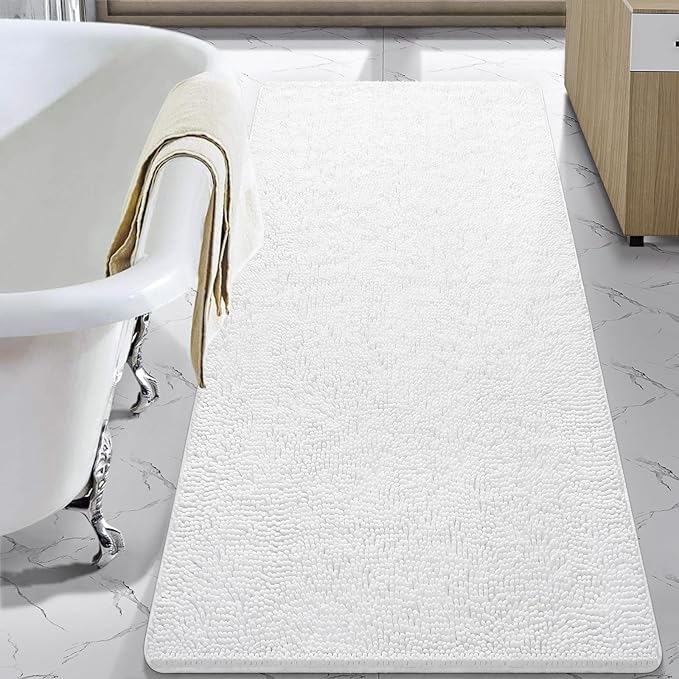 LOCHAS Luxury Bathroom Rug Shaggy Bath Mat 30 x 60 Inch, White | Washable Non Slip Bath Rugs for Bathroom Shower, Soft Plush Chenille Absorbent Carpets