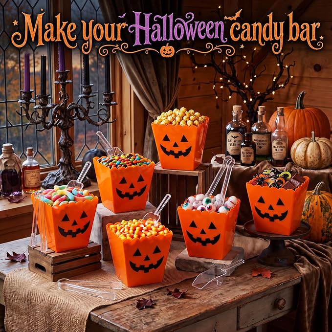 61 oz 6 Halloween Candy Bar Containers with 3 Tongs and 3 Scoops | Candy Bar Supplies, Reusable Plastic Spooky Pumpkin Serving Bowl, Candy Buffet Station Party Supplies, Dessert Snack Box