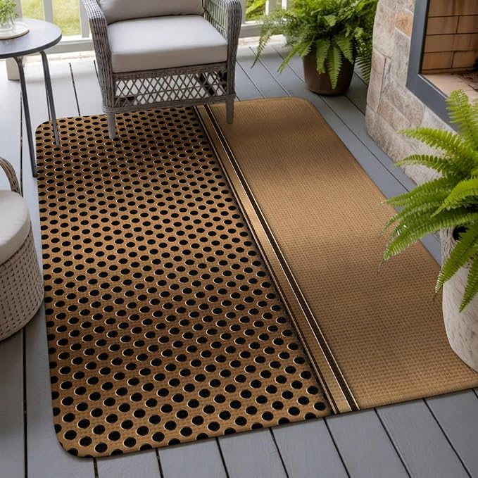 Brown Metal Hole Washable Area Rugs for Living Room Bedroom, Large Non Slip Indoor Floor Carpet Absorbent Low Pile Modern Copper Net Eye Hole Pattern Door Mat Rugs for Bathroom Entryway 63"x90.6"