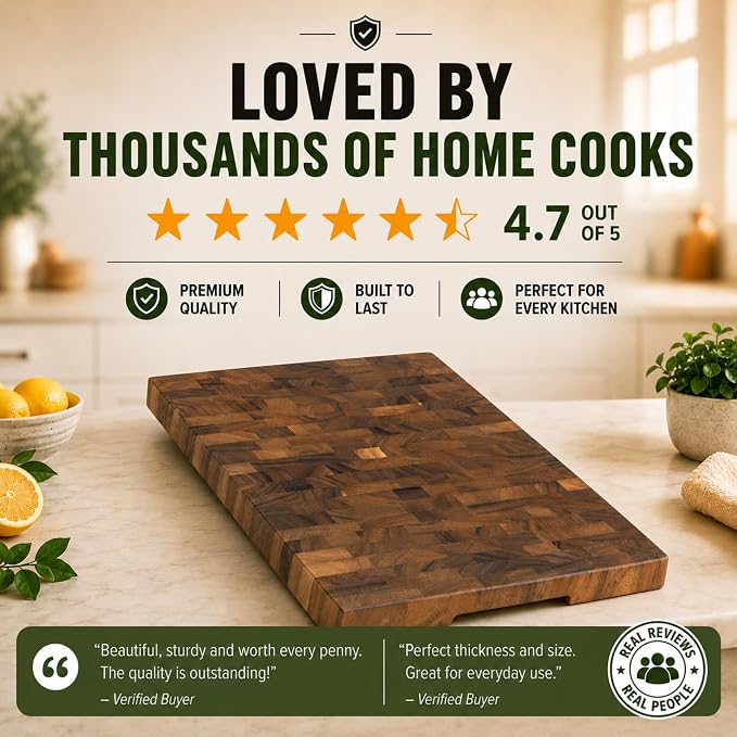 SHUMARU XL End Grain Cutting Board 20×13×1.6" Thick – 11 LB Heavy Duty Butcher Block – 260 SQ IN Flat Workspace for Meal Prep, Dough, & Pizza – Knife-Friendly Wood Chopping Board with Non-Slip Feet