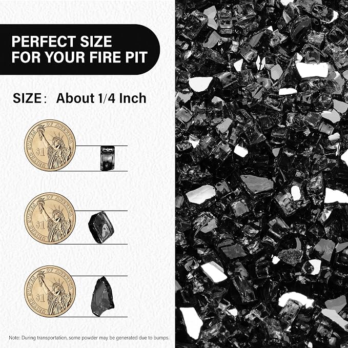NUPICK 10 Pound Fire Glass, 1/4 Inch Reflective Fire Pit Glass | Tempered Fire Pit Rocks for Propane or Natural Gas, Glass Rocks for Fire Pit Table, Fireplace, Fire Bowl, Landscaping, Black
