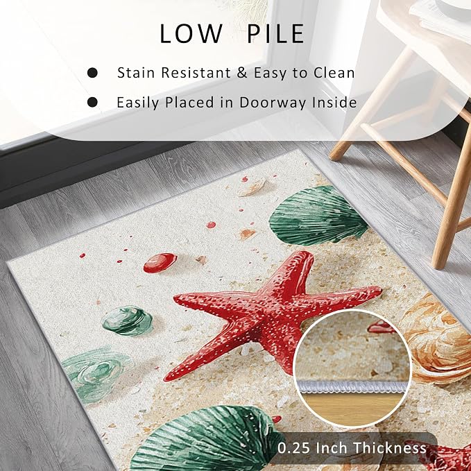 2x9 Seashell Nautical Runner Rug for Hallway, Washable Beach Theme Rug Runner Non Slip, Kids Ocean Home Decor Carpet for Kitchen, Bedroom, Entryway, Laundry Room, Ultra Thin Soft H205