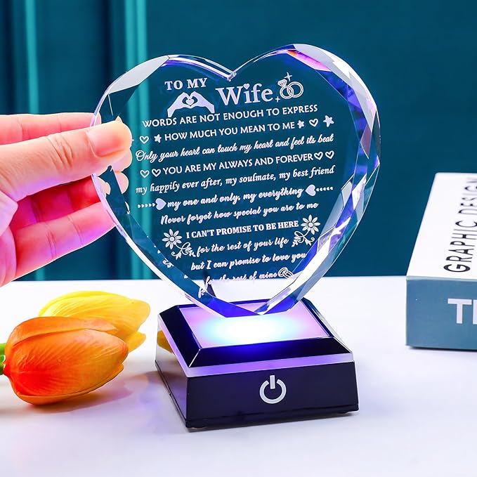 Arikyrist Romantic Wife Gifts from Husband with Colorful LED Base Anniversary Birthday Gift for Wife Crystal Keepsake I Love You Gifts for Her on Mothers Day Valentine Christmas