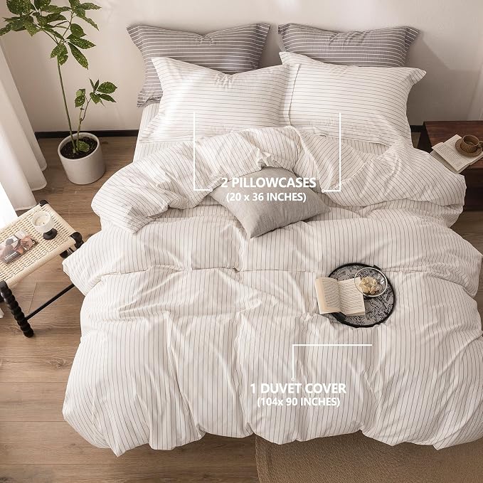 Stripe Duvet Cover King Size 104inch x 90inch,100% Washed Cotton Linen Feel Duvet Cover, Pinstripe Duvet Cover with Zipper Closure and 2 Pillowcases, Color of White and Linen Grey Stripe