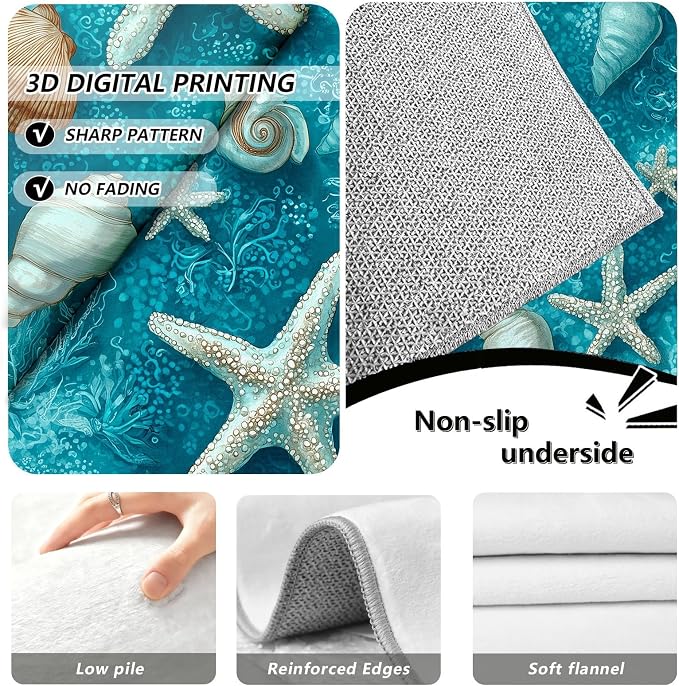 Starfish Conch Hallway Runner Rug 4x12 - Watercolor Ocean Washable Runners Rug, Turquoise Blue Non Slip Carpet Runner for Entryway Kitchen Bedroom Living Room