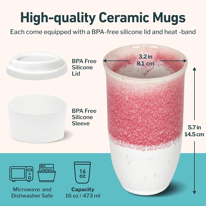 NOVA CERAMICS Coffee Travel Mug - Coffee Travel Cup – Microwave & Dishwasher Safe Coffee Pink Tumbler - Gifts For Women Men Him Her – 16oz – Coral Pink