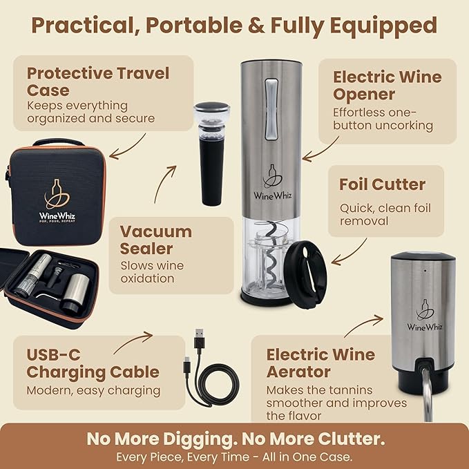 Electric Wine Aerator and Opener Set with Premium EVA Case and Accessories - Rechargeable Automatic Liquor Dispenser Pourer with Foil Cutter, Vacuum Sealer, USB-C Charging Cable - Gift Set