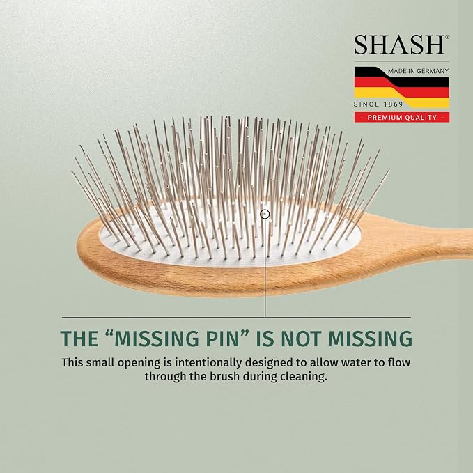Since 1869 Hand Made In Germany - SHASH Oval Pet Brush With Long Metal Pins With Rubber Cushion - Helps Detangle Knots, Eliminate Frizz, Reduce Pulling & Snagging