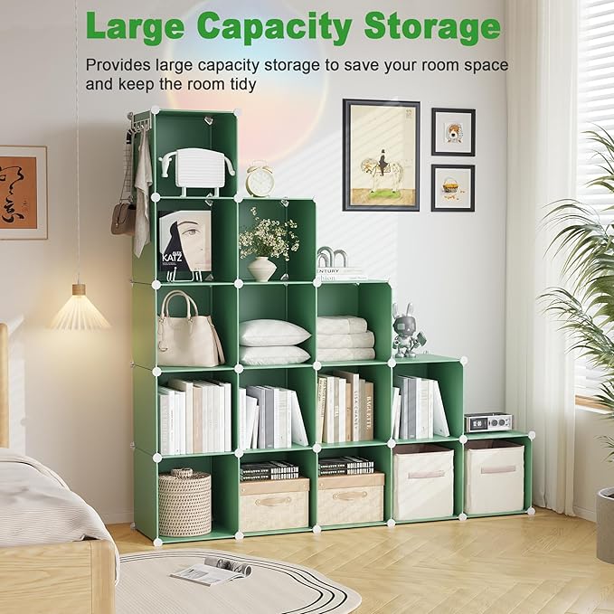 C&AHOME 16 Cube Storage Organizer Cube Shelf Units Storage Cubes, Green | Plastic DIY Closet Organizer, Stackble Modular Closet Storage Shelves Ideal for Home, Bedroom, 48.4" L × 12.4" W × 48.4" H