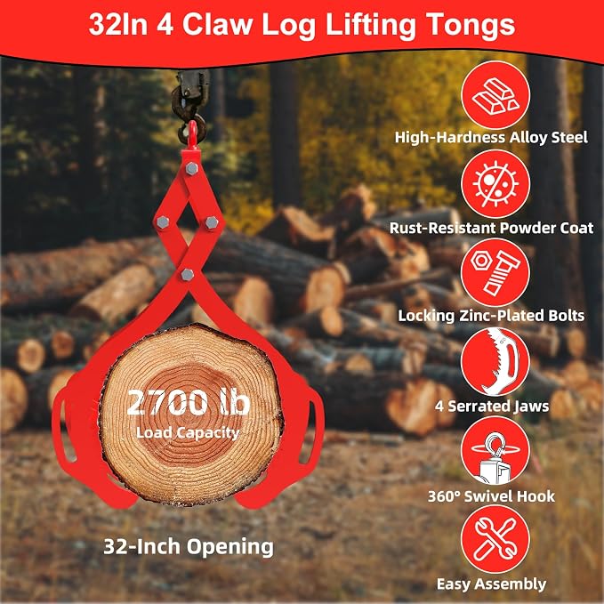 Log Lifting Tongs 32 Inch - 2700LBS Load Capacity Heavy Duty Log Grapple with 4 Serrated Claw Hooks & Handles, Logging Tongs for Tractors, Trucks, Forklifts, Red