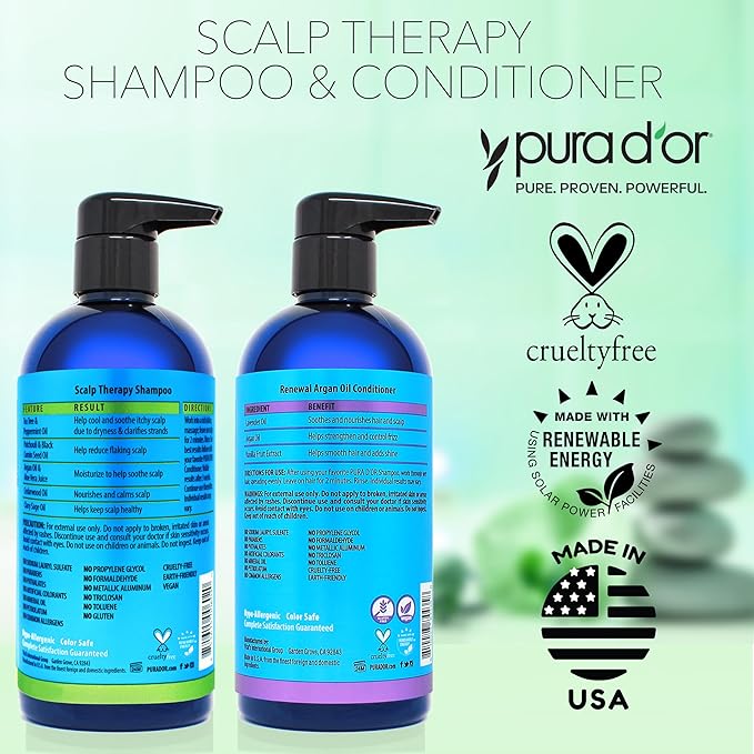PURA D'OR Scalp Therapy Shampoo & Conditioner Set (16oz x 2) Dry, Itchy Scalp-Hydrates & Nourishes Hair w/Tea Tree, Peppermint, Argan Oil & Biotin, All Hair Type, Men Women (Packaging Varies)