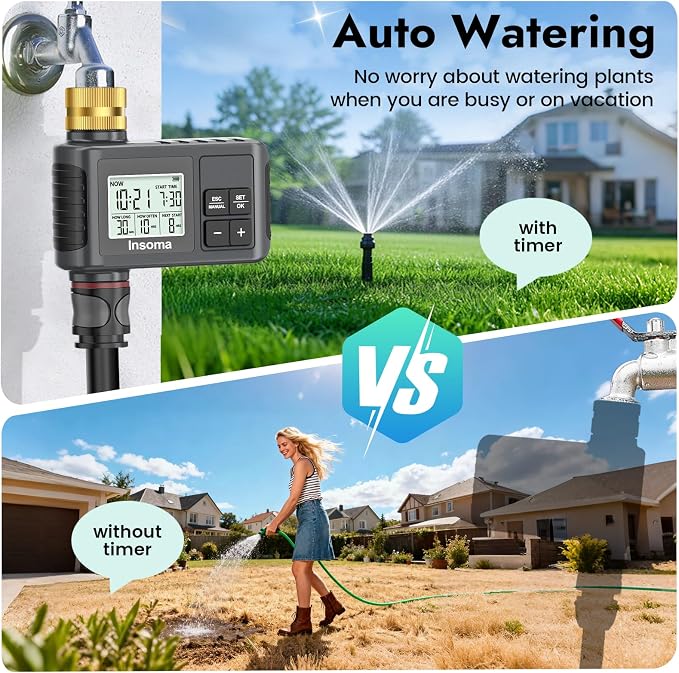 Insoma Water Timer, 1 Zone Outdoor Hose Timer for Garden Faucet with Auto/Manual/Rain Delay Mode, Sprinkler Irrigation Timers for Yard Lawn