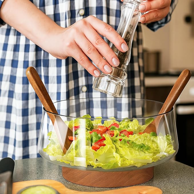 Extra Large Glass Salad Bowl Set, Clear Salad Bowl with Solid Wood Base Servers, Elegance Salad Serving Bowls for Kitchen Utensils and Party