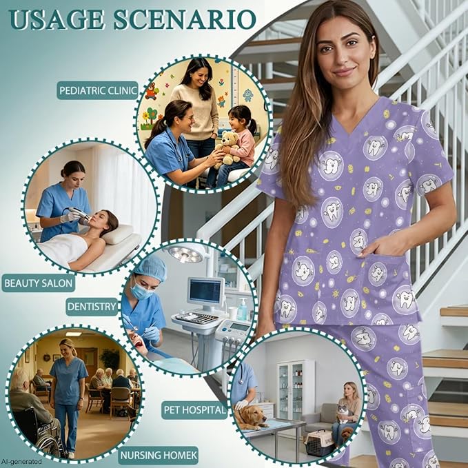 Gomyblomy Women's Scrubs Suit 3-Piece Set | Teeth Print V-Neck Top & Pants & Cap, Breathable and Stretch Fabric, S-5XL