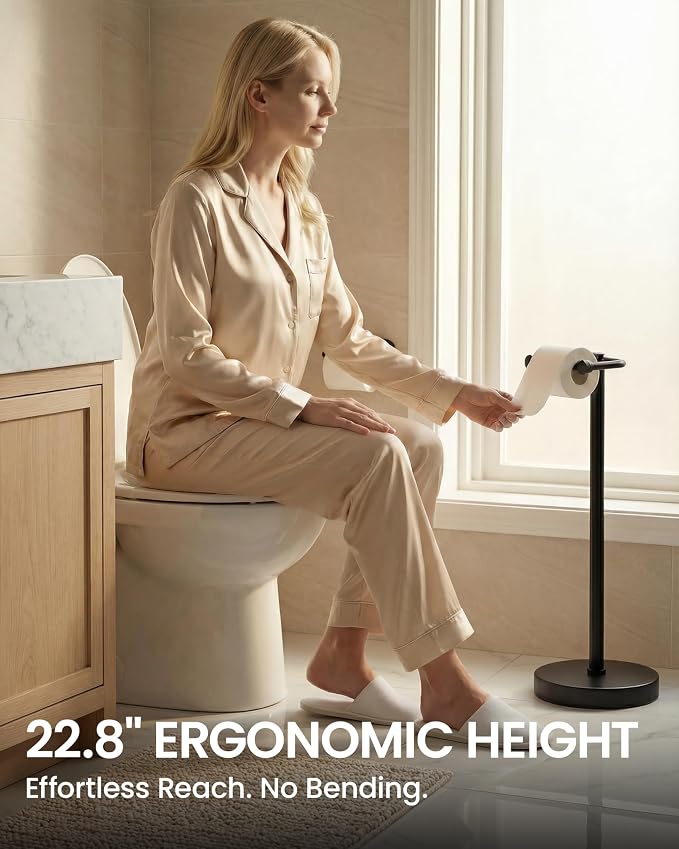 Toilet Paper Holder Stand, Free Standing Toilet Paper Roll Holder, Matte Black 304 Stainless Steel, 4.82 lbs Weighted Base, Bathroom Tissue Holder, 22.8" Height