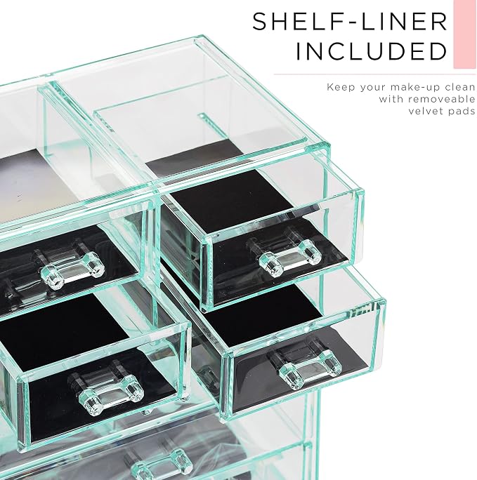 Sorbus Acrylic Makeup Organizer Set, 7-Drawer Vanity & Countertop Cosmetic Storage with Small & Wide Compartments, Teal Thrill Makeup Storage for Brushes, Jewelry – Holiday Gift for Women & Teens