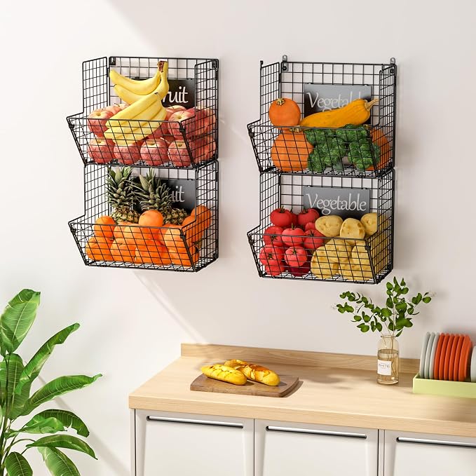 X-cosrack Metal Wire Basket Wall Mount, 4 Tier Extra Large Wall Storage Basket Organizer with Chalkboards, Kitchen Fruits and Vegetables Produce Bin Rack Toys Organizer Bathroom Tower Baskets (Black)