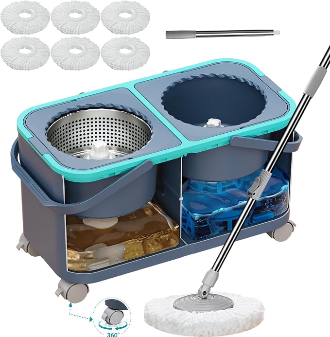 Mop and Bucket Set with Clean & Dirty Water Separation, Spin Mop with 360° Wheels & Drain, 6 Microfiber Heads,Adjustable Handle for Pet Owners, Kitchen, Bathroom, Hardwood & Tile Floors