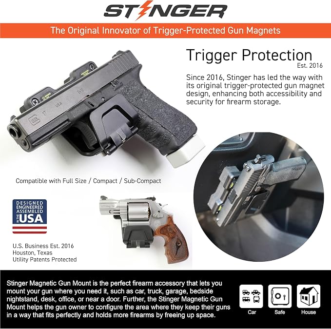 Stinger Prime Gun Magnet Mount, w/Trigger Guard Protection, Magnetic Gun Mount for Car, Truck, Desks, Safes, Walls, Gun Magnet for Handgun Rifle Shotgun Pistol Revolver