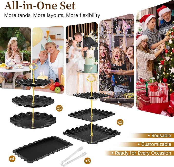 Black Gold Dessert Stand Set 13PCS, 6 Tiered Cupcake Display Towers with 4 Serving Trays and 3 Tongs, Round & Square Dessert Holders for Wedding Birthday Graduation Baby Shower Decor