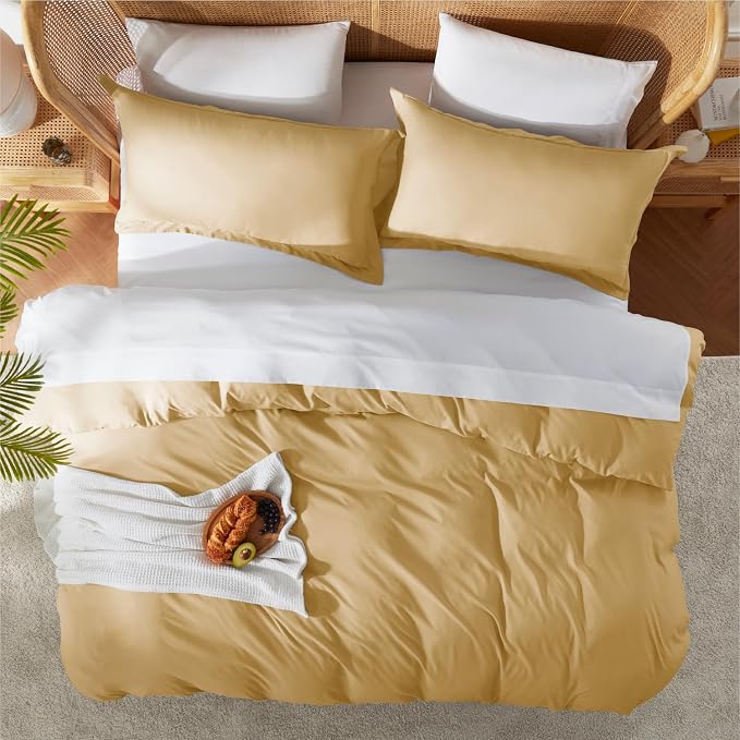 Nestl Camel Gold Duvet Cover Queen Size - Soft Double Brushed Queen Duvet Cover Set, 3 Piece, with Button Closure, 1 Duvet Cover 90x90 inches and 2 Pillow Shams