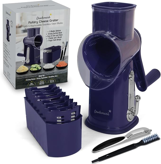 Cheese Grater with Handle, 5 in 1 Rotary Vegetable Shredder with 5 Replaceable Blades & Strong Suction Base, Rotary Grater for Cheese, Veggies & Nuts, Includes Storage Box