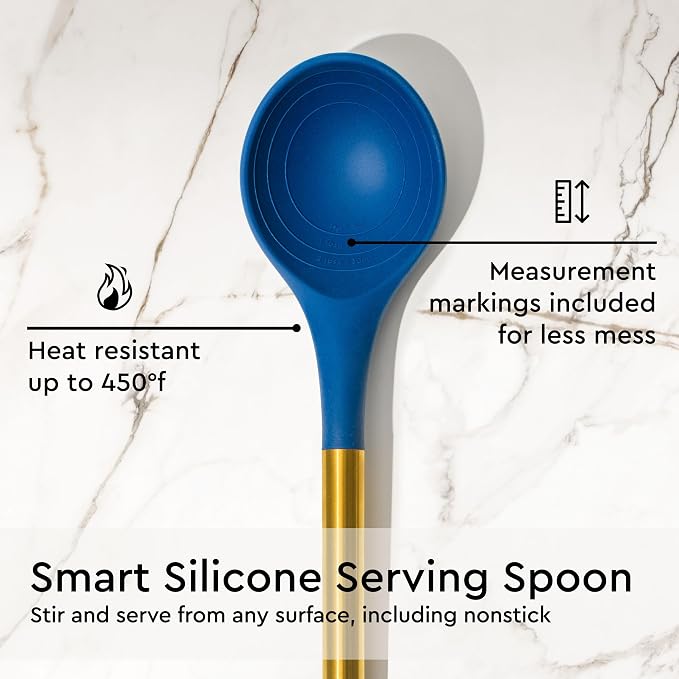 Gold and Navy Blue Kitchen Utensils Set - 7-Piece Silicone Cooking Tools for Nonstick Cookware with Utensil Holder - Stylish Cooking Gifts for Modern Kitchens