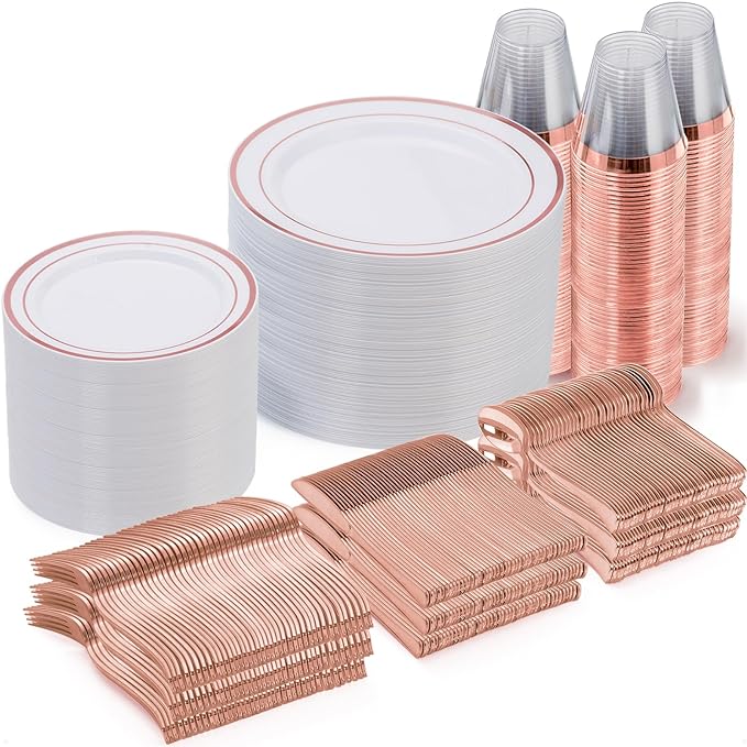 Goodluck 600 Pieces Rose Gold Disposable Plates for 100 Guests, Plastic Plates for Party, Wedding, Dinnerware Set of 100 Dinner Plate, 100 Salad Plates, 100 Spoons, 100 Forks, 100 Knives, 100 Cups