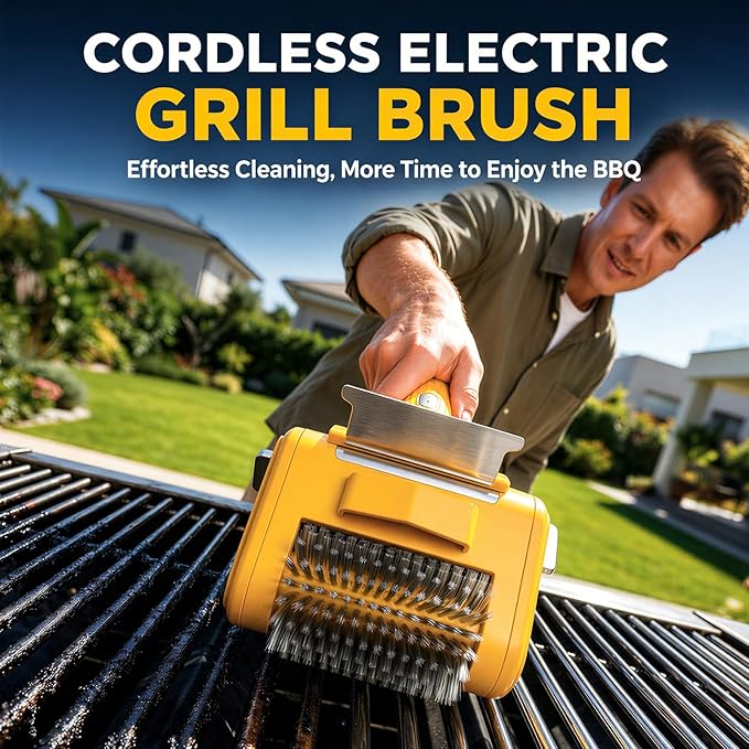 4000mAh Electric Grill Brush with Support Roller for Effortless Cleaning, 3-in-1 Cordless BBQ Cleaner with Scraper, Automatic Grill Brush & LED Light
