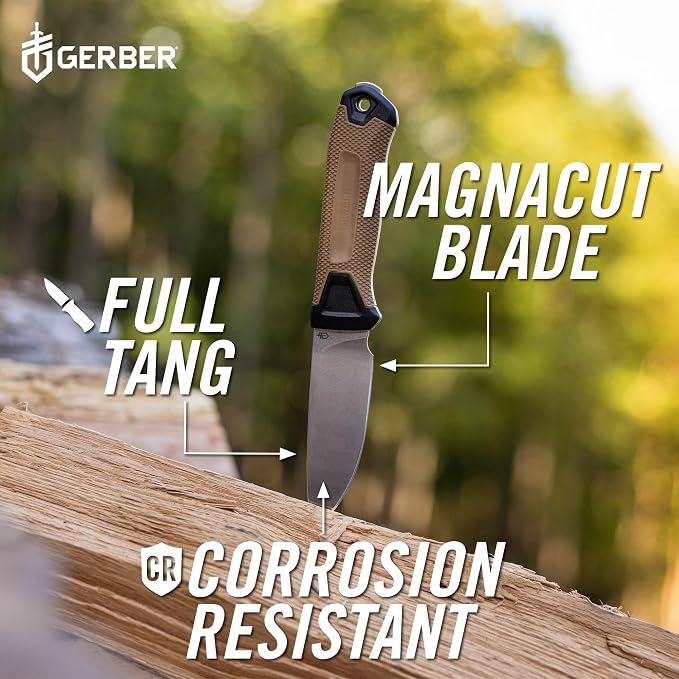 Gerber Gear StrongArm Camp Magnacut - Fixed Blade Survival Tactical Knife for Camping, Outdoor, Hunting - Ergonomic Ambidextrous Utility Tool - Made in USA - Coyote Brown