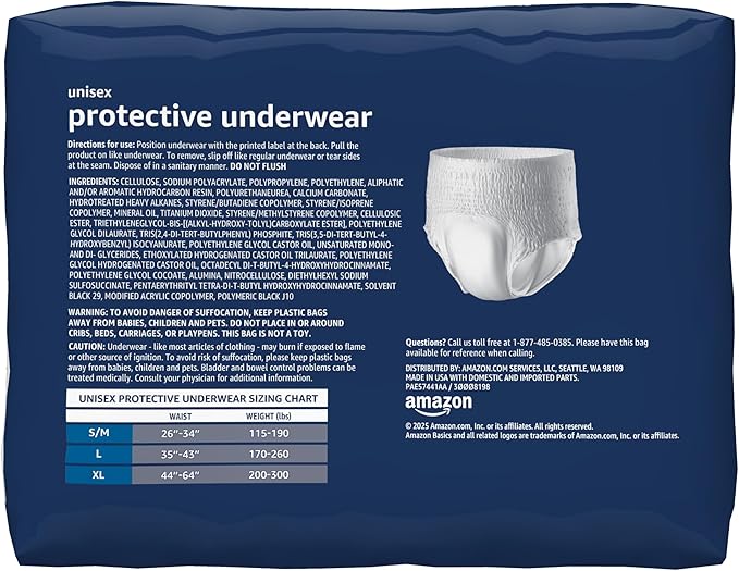 Amazon Basics Unisex Protective Underwear, Overnight Absorbency, Small/Medium, 16 Count (Pack of 2)