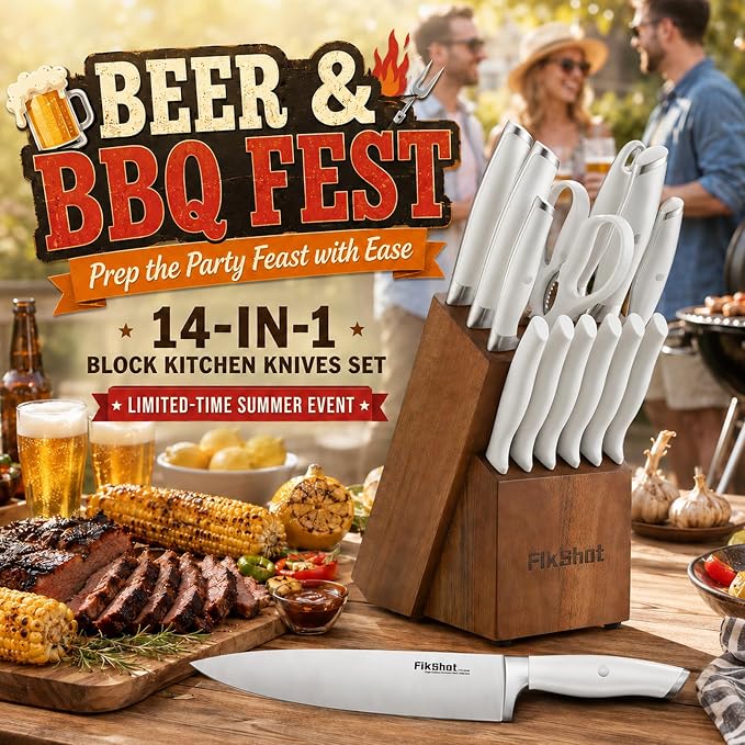 Fikshot 14-Piece Knife Set – German High Carbon Stainless Steel, White | Professional Chef Knives with Block & Sharpener, Dishwasher-Safe, Modern Kitchens, Ideal Gift for Chef & BBQ Festival