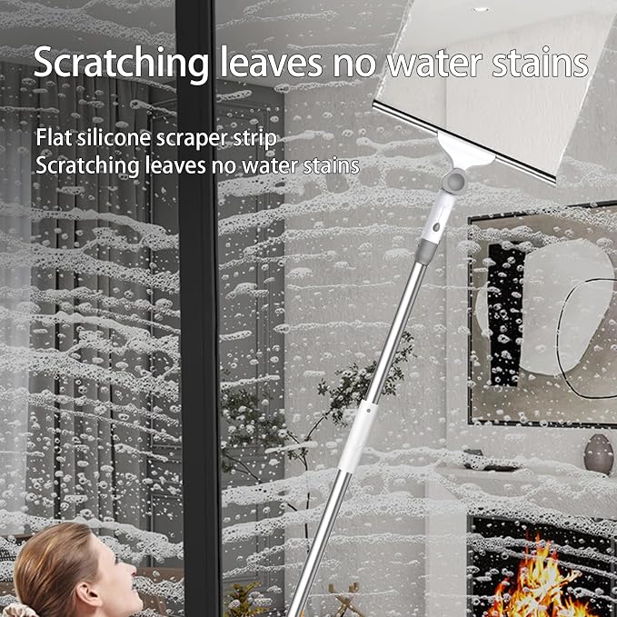 Window Cleaning Squeegee Kit, 14" Silicone Blade and Microfiber Scrubber with 54" Aluminum Handle, 2-in-1 Rotating Window Cleaner for Glass Doors, Shower, Mirrors and Home Windows – LJGG (Gray/White)