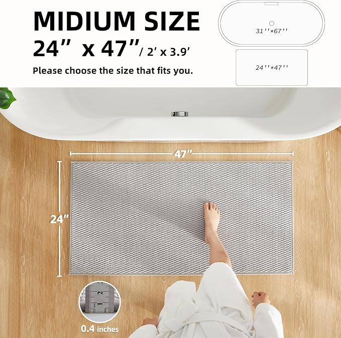 TYUU Bathroom Rugs Non Slip Washable, Super Absorbent Thin Bath Mat Quick Dry Low Pile Bathroom Rug, Light Grey 24"x47"