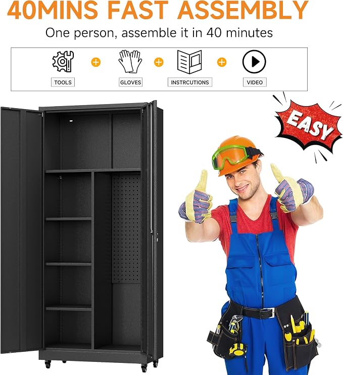 Metal Garage Storage Cabinet with 2 Doors, Adjustable Rolling Tool Storage Cabinet with Lock, 71" Steel Locking Tool Cabinet with Wheels and Shelves for Garage, Warehouse(Black, 71" H)