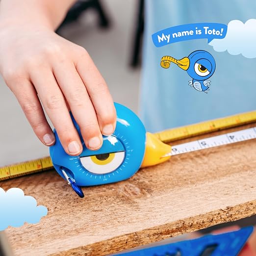 Handy Famm Kids Tape Measure – 8ft Blue Bird Retractable Measuring Tape with Level & Protractor, STEM Montessori Tool, Toddler Safe, Gift for Boys & Girls Ages 3+
