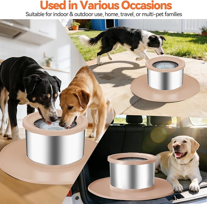 Decflow 12L No Spill Dog Water Bowl for Large Dogs, Stainless Steel Spill Proof Bowls with Suction Cup Anti-Skid Mat, Slow Feeder for Messy Drinkers, Heavy Duty Pet Bowls for Indoor/Outdoor Beige